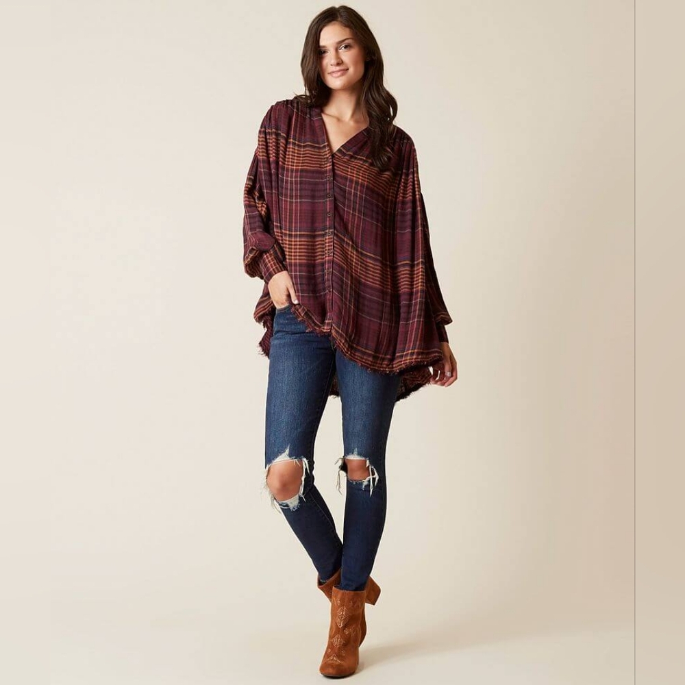 Free People Plaid Button-Up Women's Come On Over Top Sz S - Picture 4 of 9